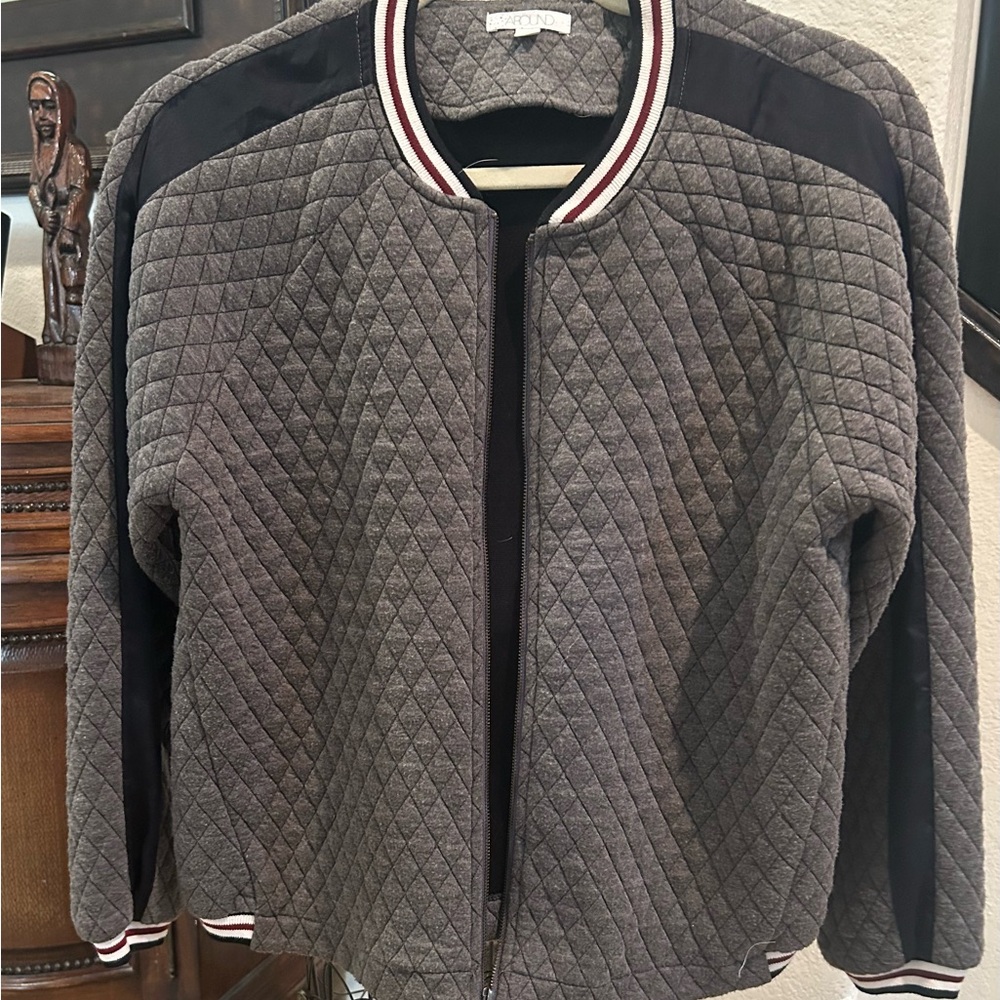 Abound Gray Quilted Bomber Jacket with Sporty Striped Collar